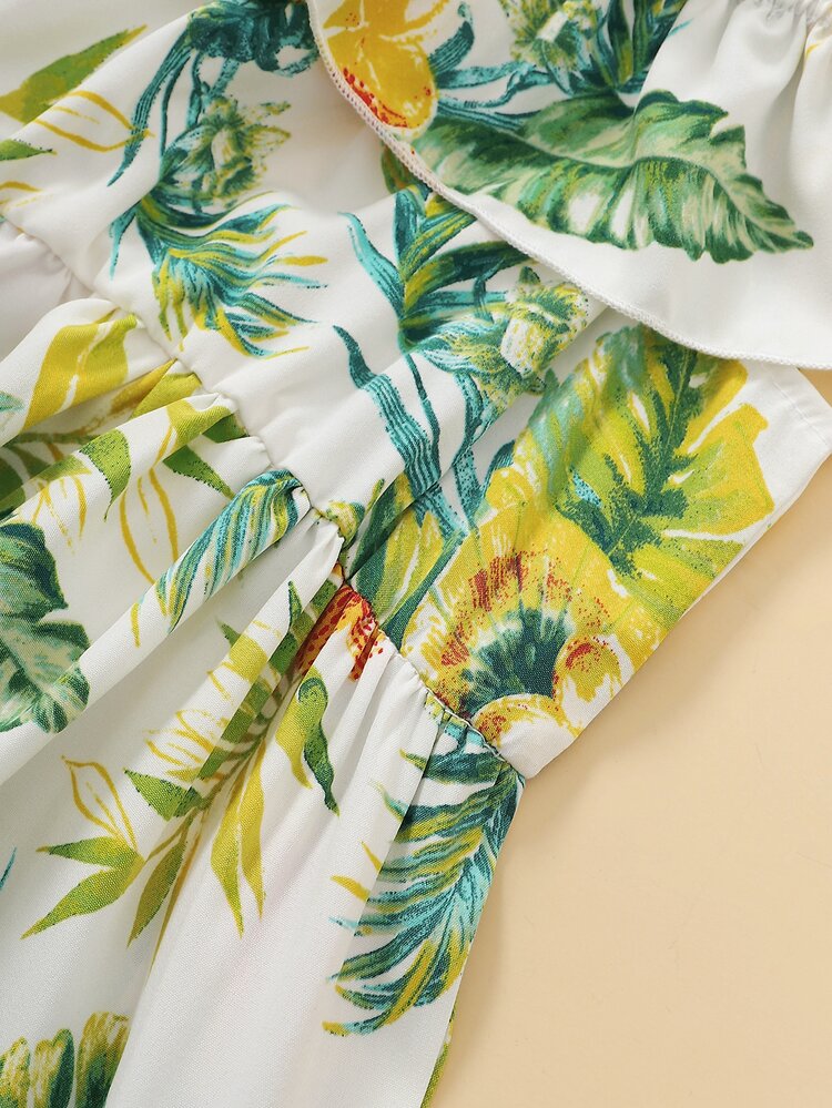 Toddler Girls Tropical Print Cold Shoulder Ruffle Trim Dress - Multicolor - View 5