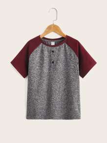 SHEIN 男孩撞色紐扣細節插肩袖T恤 - 灰色 - 查看 1