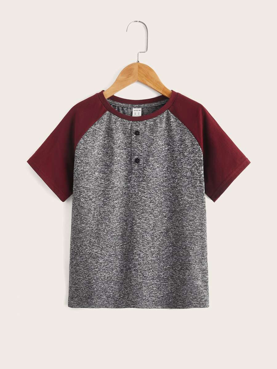 SHEIN 男孩撞色紐扣細節插肩袖T恤 - 灰色 - 查看 1