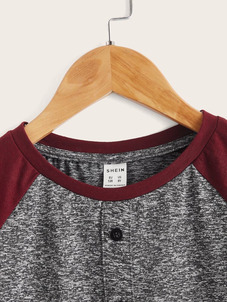 SHEIN 男孩撞色紐扣細節插肩袖T恤 - 灰色 - 查看 3