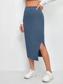 Muchica Váy nữ Chia Gân đan màu trơn Giải trí - Màu xanh bụi bặm - Xem 3