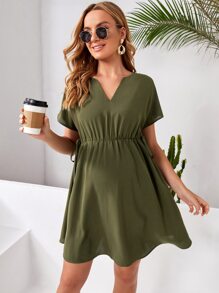 SHEIN Váy Bà bầu Thắt nút màu trơn Giải trí - xanh quân đội - Xem 4