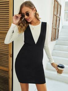 SHEIN Maternity Pinafore Dress With Tee - Black and White - View 3