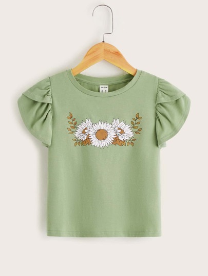 SHEIN Girls Floral Print Petal Sleeve Tee