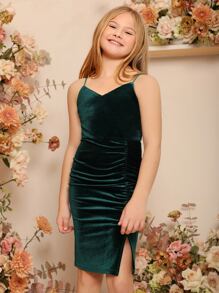 SHEIN Chica preadolescente Vestido de tirantes unicolor fruncido de terciopelo - Verde Oscuro - Ver 4