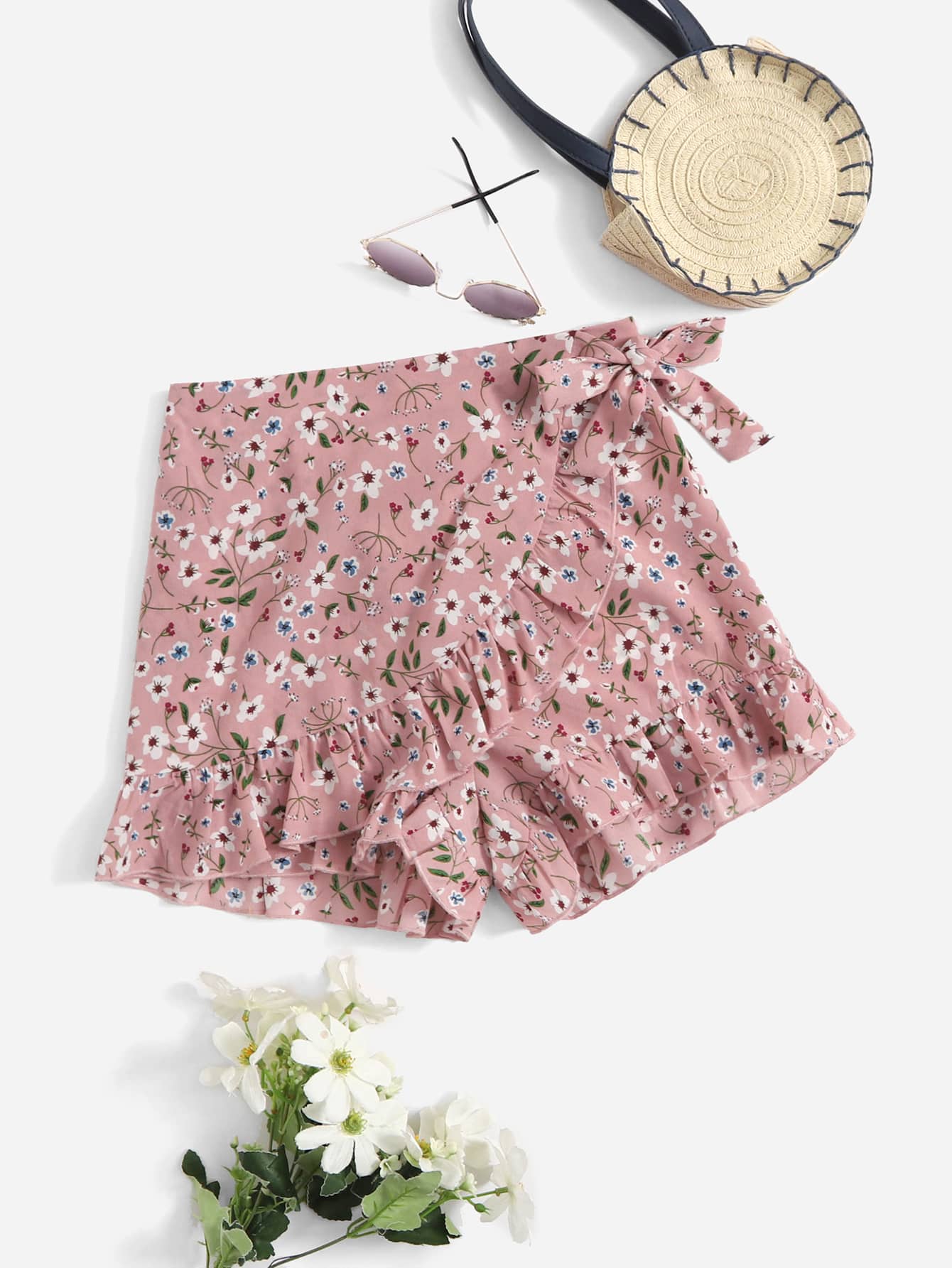 SHEIN Teen Girls Floral Print Wrap Ruffle Trim Knot Shorts - Multicolor - View 1