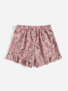 SHEIN Teen Girls Floral Print Wrap Ruffle Trim Knot Shorts - Multicolor - View 2