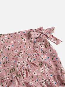 SHEIN Teen Girls Floral Print Wrap Ruffle Trim Knot Shorts - Multicolor - View 3