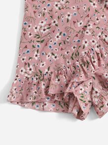 SHEIN Teen Girls Floral Print Wrap Ruffle Trim Knot Shorts - Multicolor - View 4