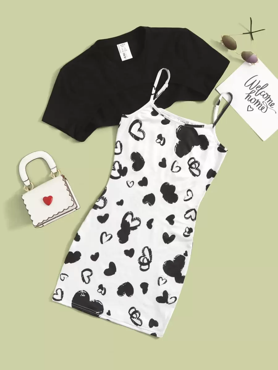 SHEIN Bộ hai mảnh Gái Tim Ăn mặc đẹp - Đen và trắng - Xem 1