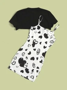 SHEIN Bộ hai mảnh Gái Tim Ăn mặc đẹp - Đen và trắng - Xem 2