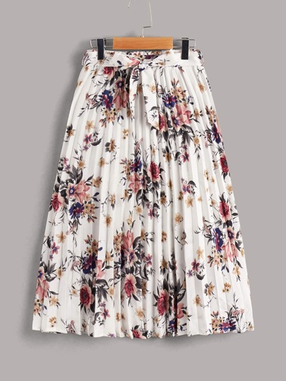 SHEIN Clasi Floral Print Belted Pleated Skirt