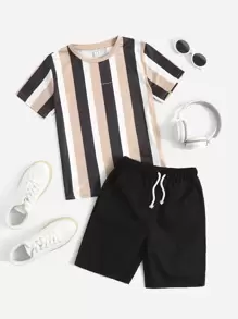 SHEIN Conjunto De Top Con Rayas Y Shorts Con Cintura Ajustable Para Niño/a Preadolescente - Multicolor - Ver 1