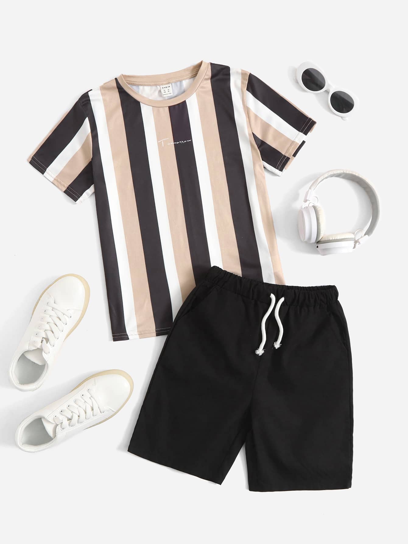 SHEIN Conjunto De Top Con Rayas Y Shorts Con Cintura Ajustable Para Niño/a Preadolescente - Multicolor - Ver 1