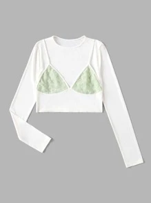 ROMWE 假兩件蕾絲拼接羅紋短款T恤 - 白色 - 查看 1