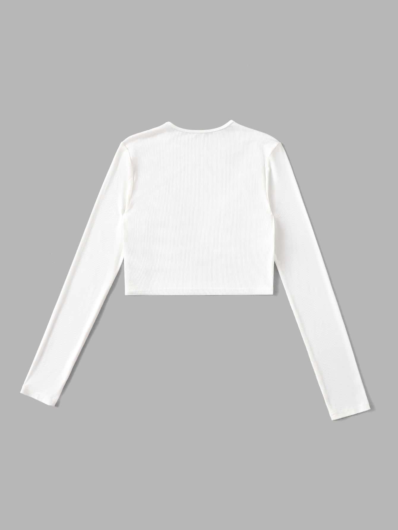 ROMWE Camiseta corta 2 en 1 con encaje en contraste de canalé - Blanco - Añade 2