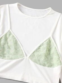 ROMWE 假兩件蕾絲拼接羅紋短款T恤 - 白色 - 查看 3