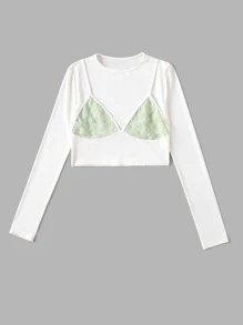 ROMWE 假兩件蕾絲拼接羅紋短款T恤 - 白色 - 查看 4