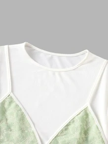 ROMWE 假兩件蕾絲拼接羅紋短款T恤 - 白色 - 查看 5