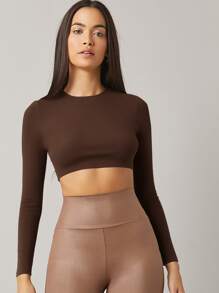 SHEIN BASICS 純色圓領長袖短上衣 - 巧克力棕 - 查看 3