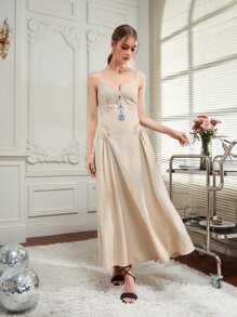 SARI Floral Embroidered Cami Dress - Khaki - View 1