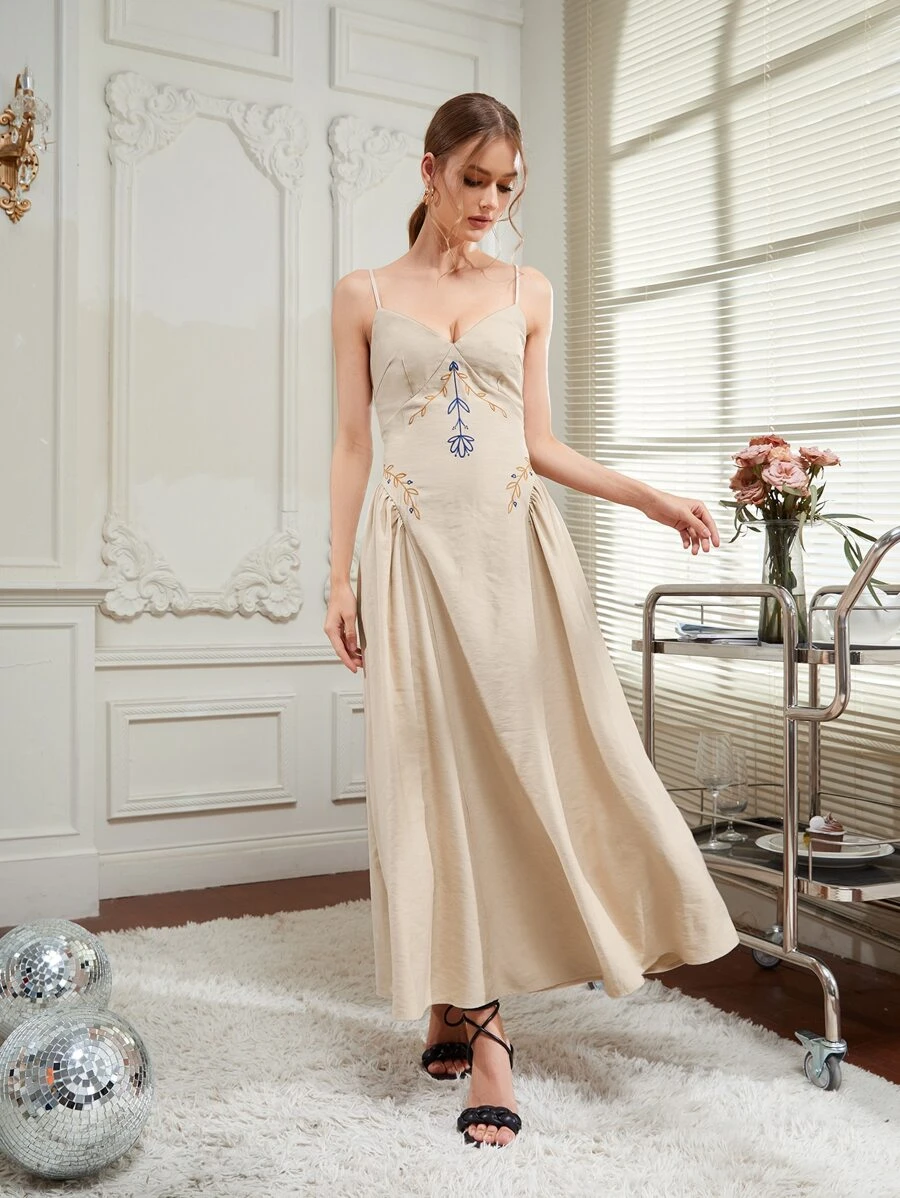 SARI Floral Embroidered Cami Dress - Khaki - View 1