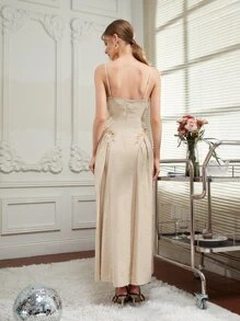 SARI Floral Embroidered Cami Dress - Khaki - View 2