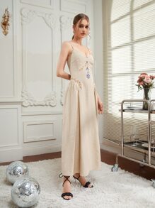 SARI Floral Embroidered Cami Dress - Khaki - View 3