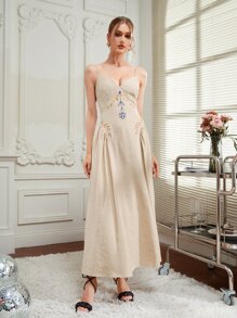 SARI Floral Embroidered Cami Dress - Khaki - View 4