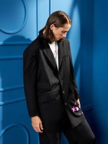 Unsuitable Men Drop Shoulder Lapel Collar Graphic Pattern Blazer - Black - View 4