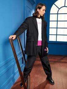 Unsuitable Men Drop Shoulder Lapel Collar Graphic Pattern Blazer - Black - View 6