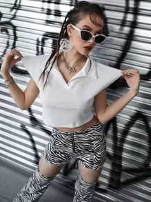 罩袖素色短款T恤 - 白色 - 查看 3