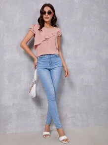 SHEIN Clasi Áo sơ mi nữ Xù phân lớp màu trơn Thanh lịch - Màu Hồng  San hô - Xem 3