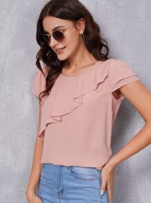 SHEIN Clasi Áo sơ mi nữ Xù phân lớp màu trơn Thanh lịch - Màu Hồng  San hô - Xem 4