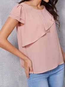 SHEIN Clasi Áo sơ mi nữ Xù phân lớp màu trơn Thanh lịch - Màu Hồng  San hô - Xem 5