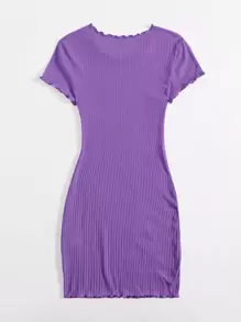 SHEIN EZwear Lettuce Trim Rib-Knit Bodycon Dress,Summer Dresses For Women,Pastel Dresses For Women