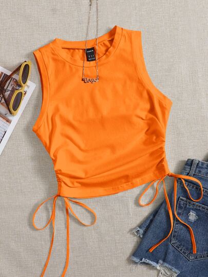 Women's Solid Color Round Neck Side Drawstring Casual Knit Tank Top
