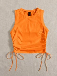 SHEIN EZwear Women's Solid Color Round Neck Side Drawstring Casual Knit Tank Top