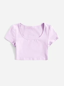 SHEIN BASICS 1 Miếng Cổ vuông Áo phông trơn - Màu Lilac Tím - Xem 6
