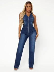 SHEIN SXY 中度水洗拉鍊牛仔連身褲