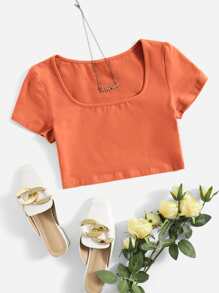 SHEIN BASICS Square Neck Solid Tee - Orange - View 1