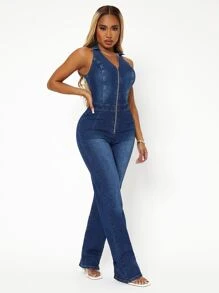 SHEIN SXY 中度水洗拉鍊牛仔連身褲