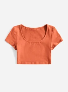 SHEIN BASICS Square Neck Solid Tee - Orange - View 3