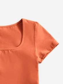 SHEIN BASICS Square Neck Solid Tee - Orange - View 5