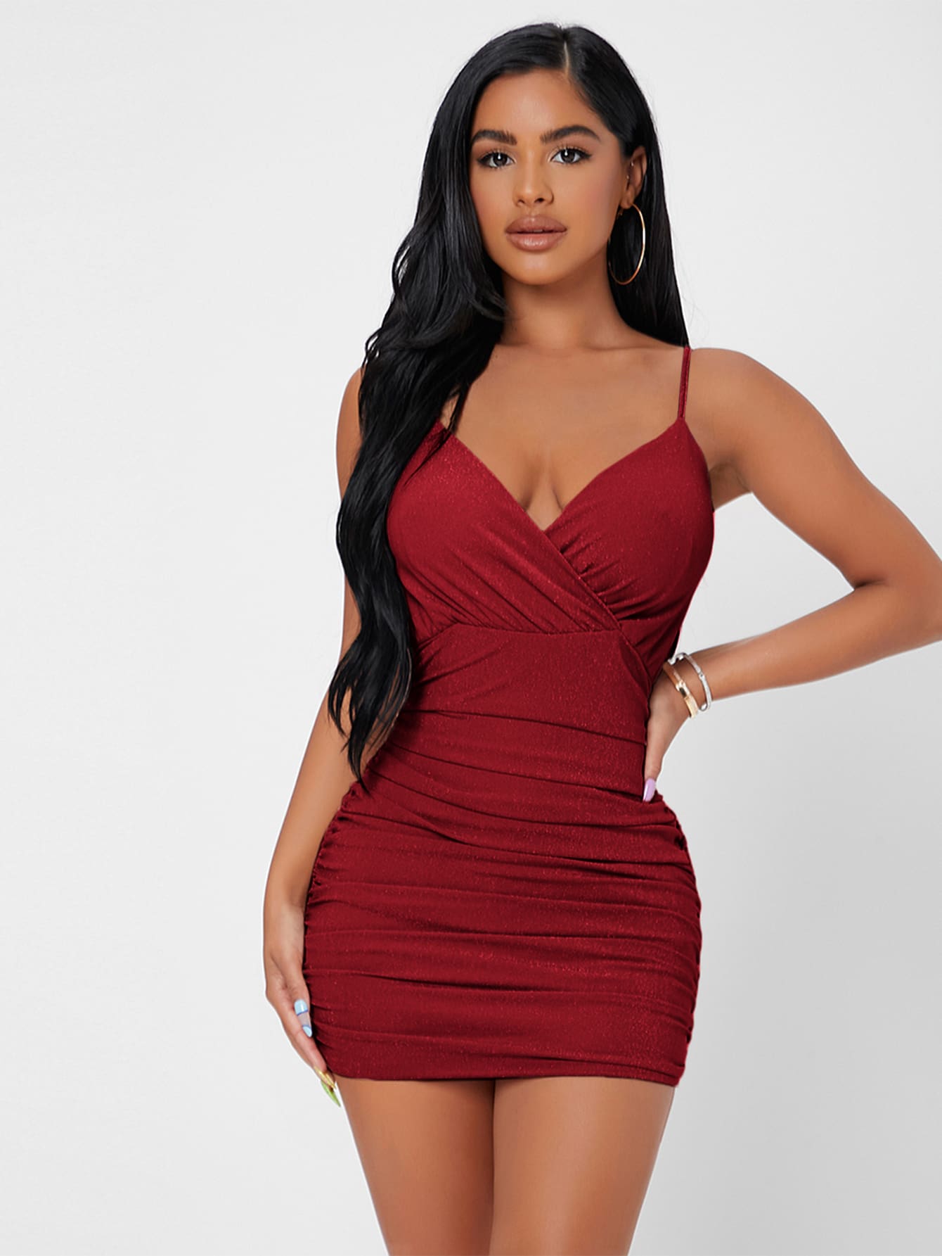 SHEIN PETITE 交疊領褶邊網紗緊身連衣裙 - 酒紅色 - 查看 1