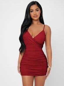 SHEIN PETITE 交疊領褶邊網紗緊身連衣裙 - 酒紅色 - 查看 5