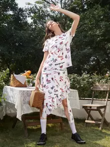 Mulvari 花和字母圖案不對稱荷葉邊半身裙 - 彩色 - 查看 3