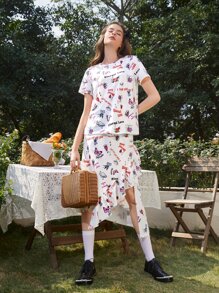 Mulvari 花和字母圖案不對稱荷葉邊半身裙 - 彩色 - 查看 4