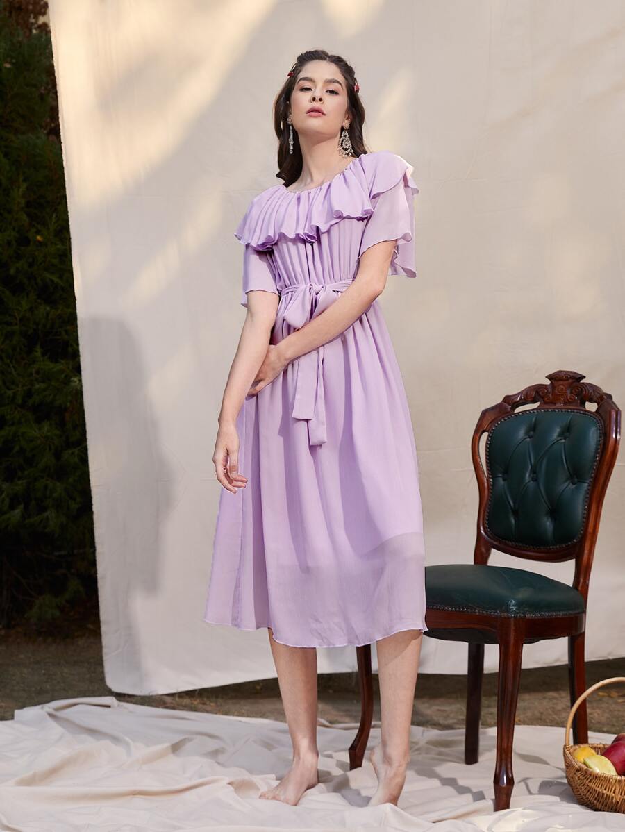 Mulvari Ruched Bust Ruffle Belted Dress - Lilac Purple - View 1