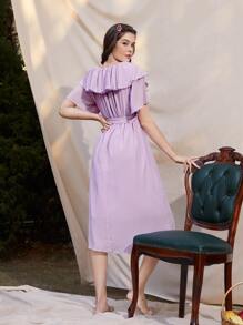 Mulvari Ruched Bust Ruffle Belted Dress - Lilac Purple - View 2